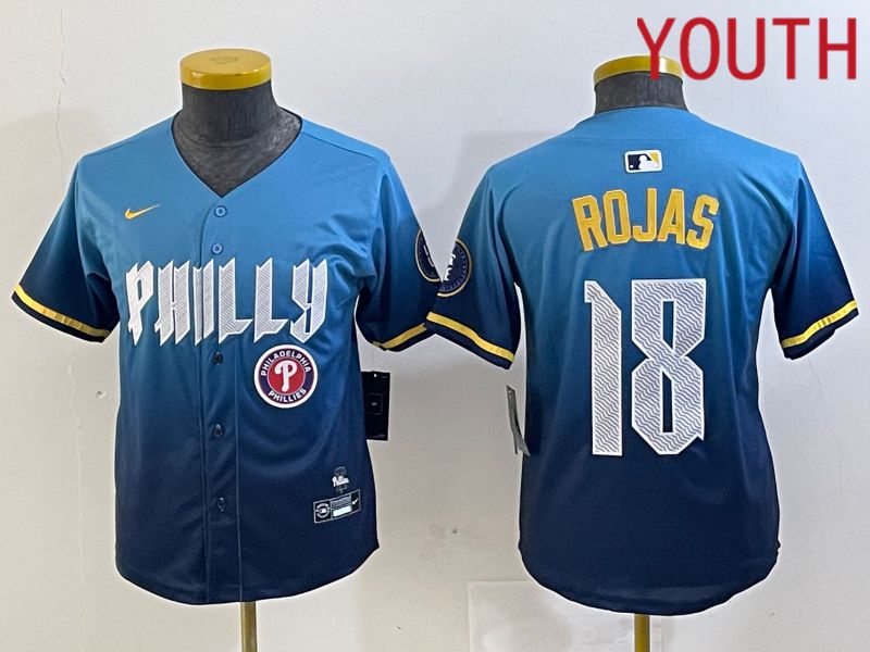 Youth Philadelphia Phillies #18 Rojas Blue City Edition Nike 2024 MLB Jersey style 4